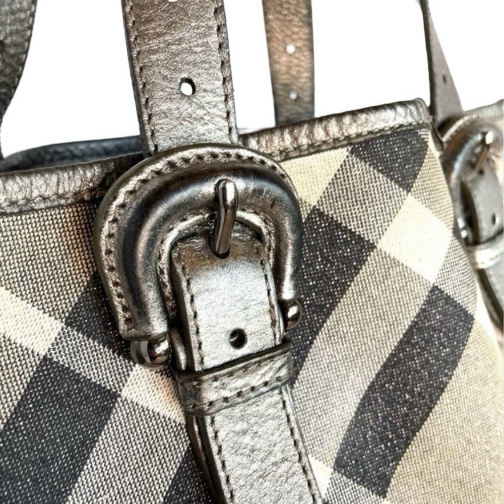 Burberry Byron Shimmer Check Gray Silver Metallic Plaid Tote - Picture 9 of 14